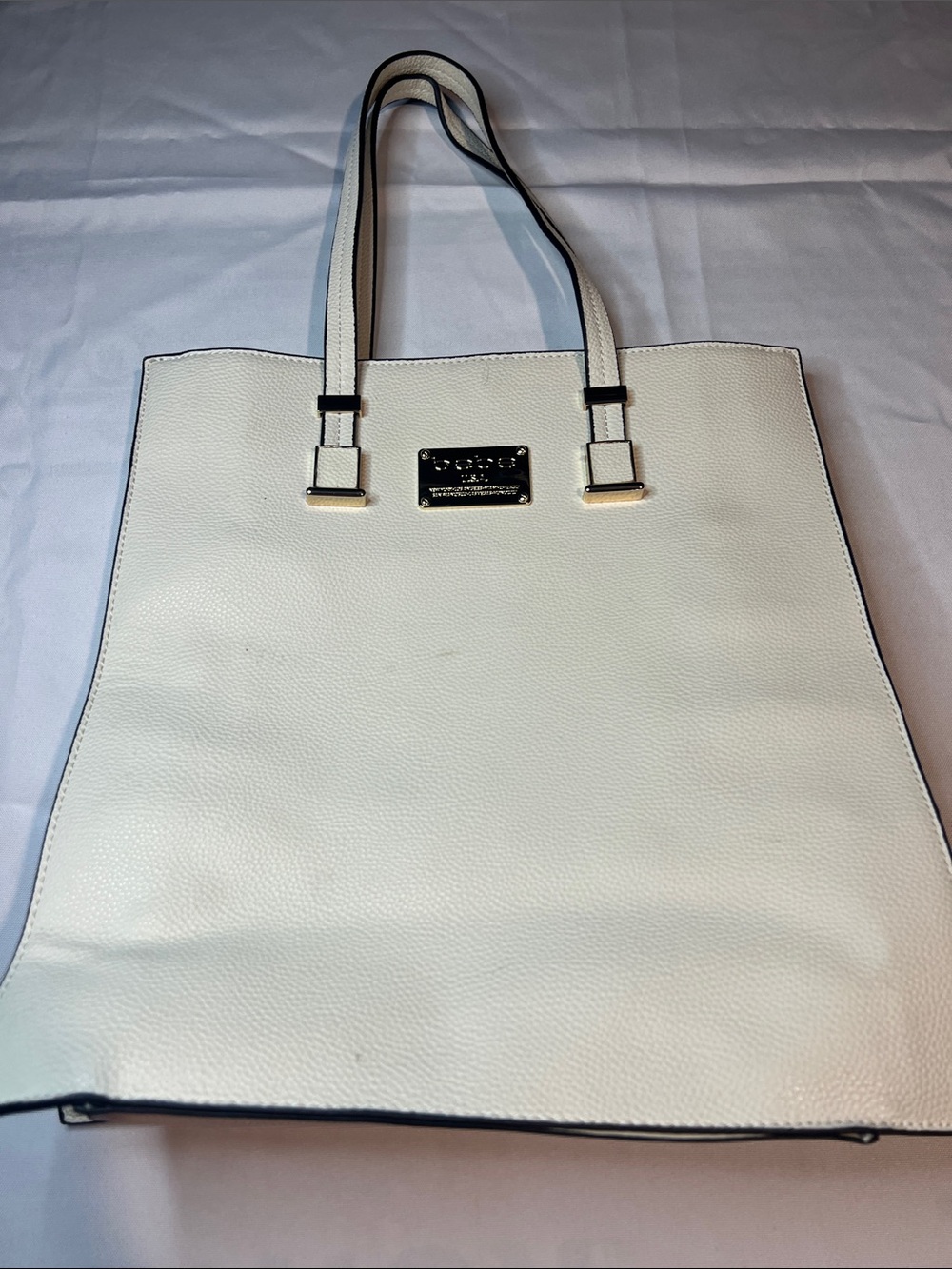 Structured White Pebbled Tote with Gold Accent